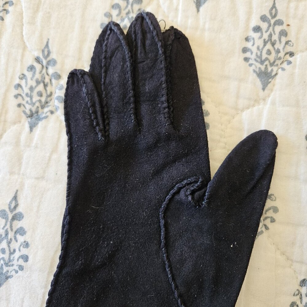 Vintage Juliette Black Suede Opera Gloves Scalloped Edge Formal Evening 6.5 - Picture 7 of 11